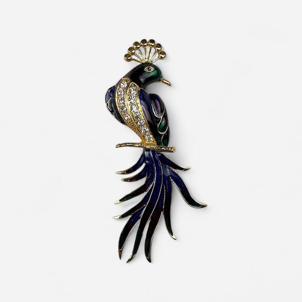 Multicoloured gold peacock brooch pin statement vintage enamel crystal